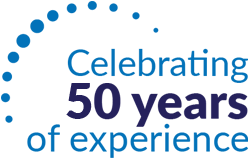 A blue and black logo with the words celebrating 5 0 years of experience.